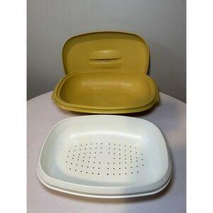Vintage Tupperware 3 Pc Harvest Gold Microwave Vegetable Steamer 1273 1274 1275